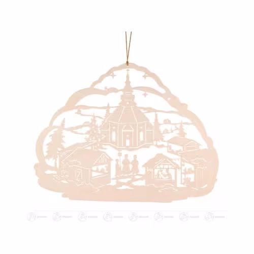 Fensterschmuck Fensterbild Seiffener Weihnachtsmarkt aus Holz mit Kirche, Marktständen und Figuren