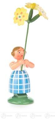 Blumenmädchen – liebevoll bemalt mit Himmelschlüsselstrauß, gelbem Kleid und grünem Sockel – H 11,5 