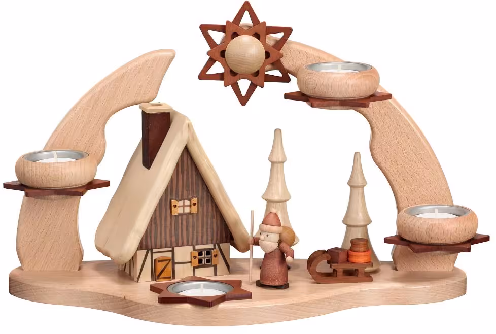 Adventsbogen Räucherhaus mit Weihnachtsmann und Teelichtkerzen aus naturbelassenem Holz von Zeidler