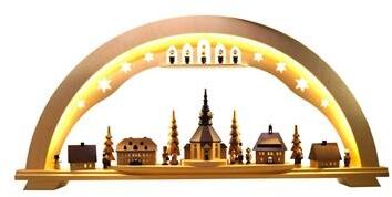 Schwibbogen – detailreiches Spielzeugdorf Seiffen mit Kirche und LED-Beleuchtung, naturfarbener