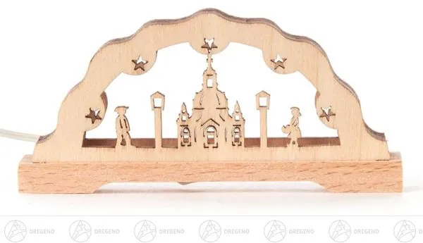 Miniatur-Schwibbogen Frauenkirche naturfarben aus Holz mit LED Beleuchtung von Dregeno, filigrane