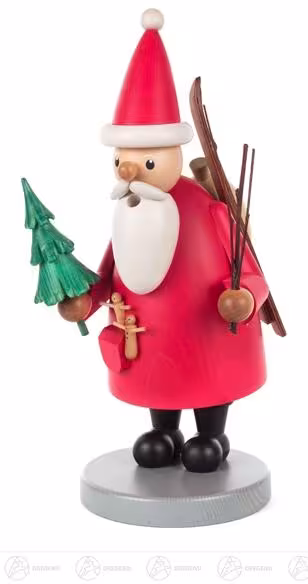 Räuchermann Weihnachtsmann aus dem Erzgebirge mit rotem Mantel, Tannenbaum und Skiern von Großhandel