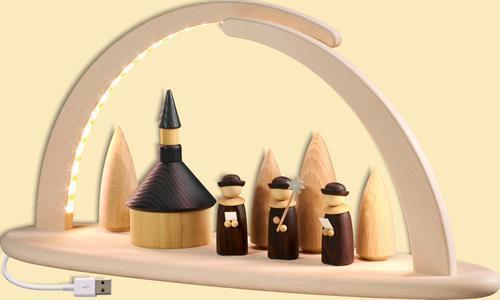 Schwibbogen – detailreiche Kurrende mit Seiffener Kirche, naturfarben mit LED-Beleuchtung – BxHxT = 