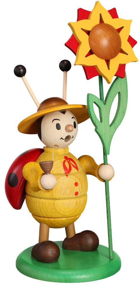 Räucherfigur Marienkäfer mit Blume farbig aus Holz von Zeidler Holzkunst GmbH, handgefertigte