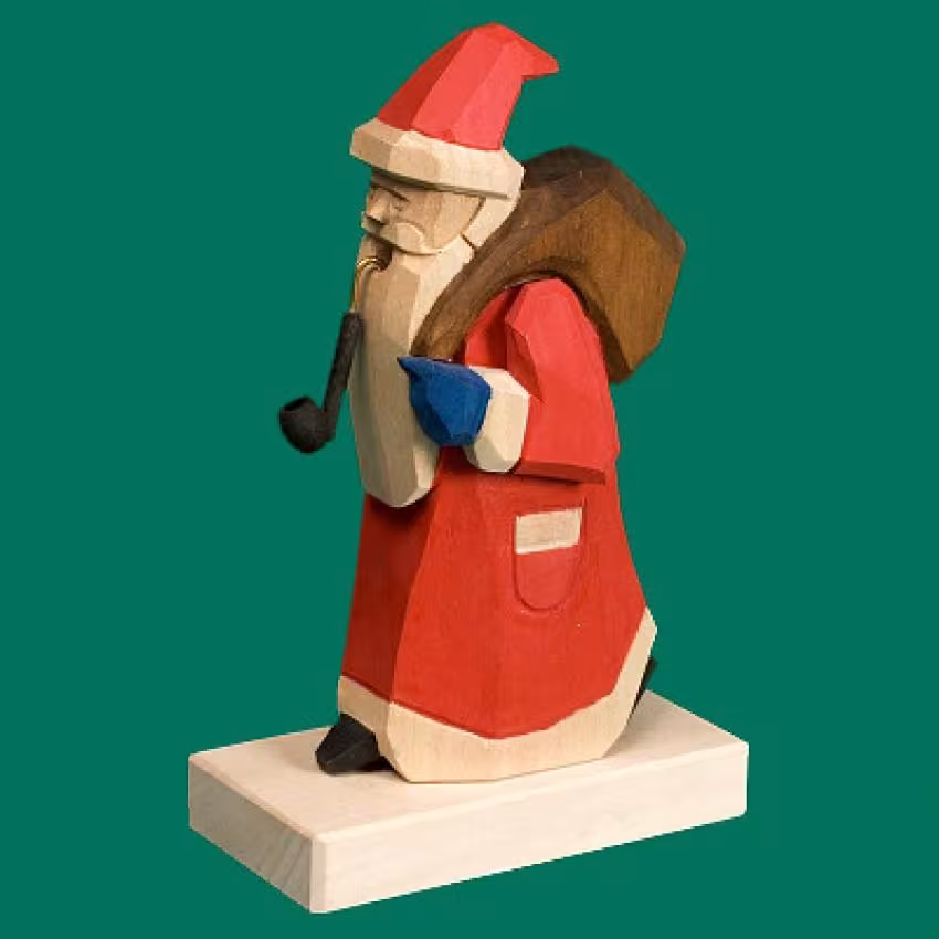 Räuchermann Weihnachtsmann mit rotem Mantel und Geschenkesack, handbemalte Holzfigur von