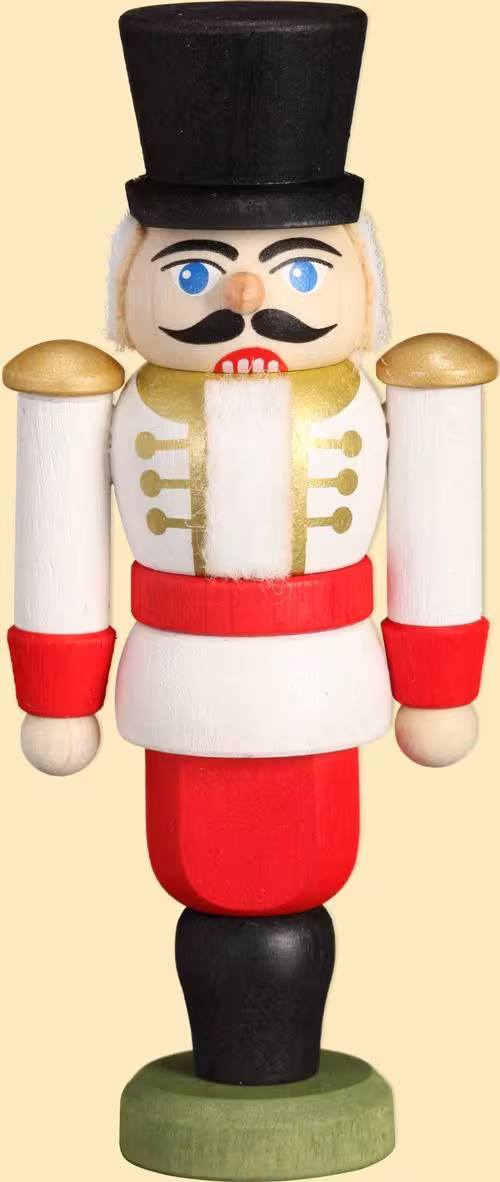 Nussknacker – Mini Husar mit schwarzem Hut und weißer Uniform, detailreich bemalt aus Holz von