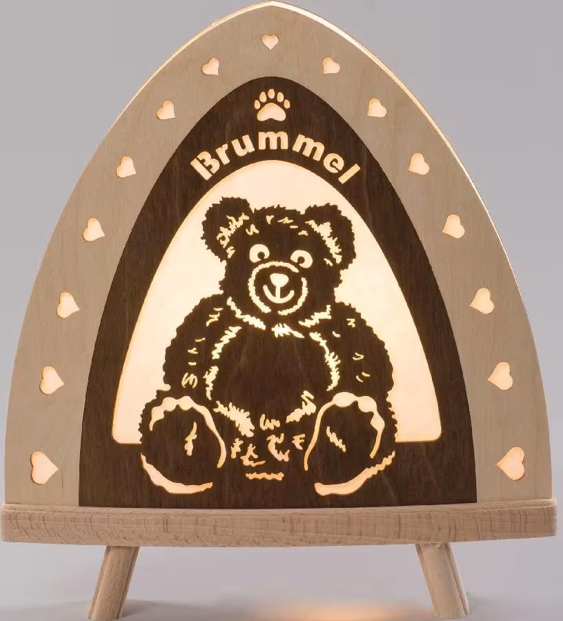 Standleuchte Brummel aus Holz mit beleuchtetem Teddybär und Herzmotiven von Weigla Günter Gläser