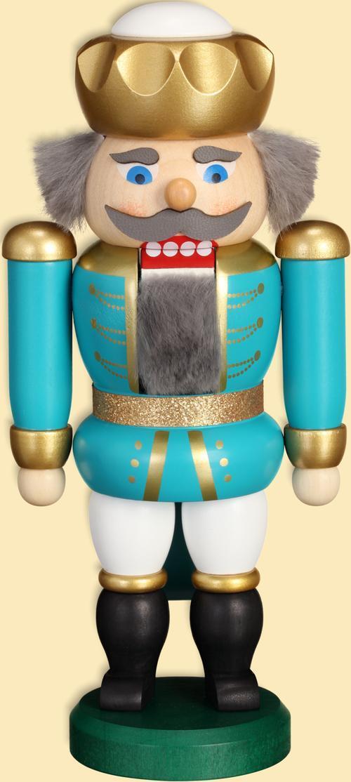 Nussknacker &ndash; K&ouml;nig mit goldener Krone, t&uuml;rkis-wei&szlig;, detailreich bemalt &ndash; BxHxT 10 x 20 x 6 cm