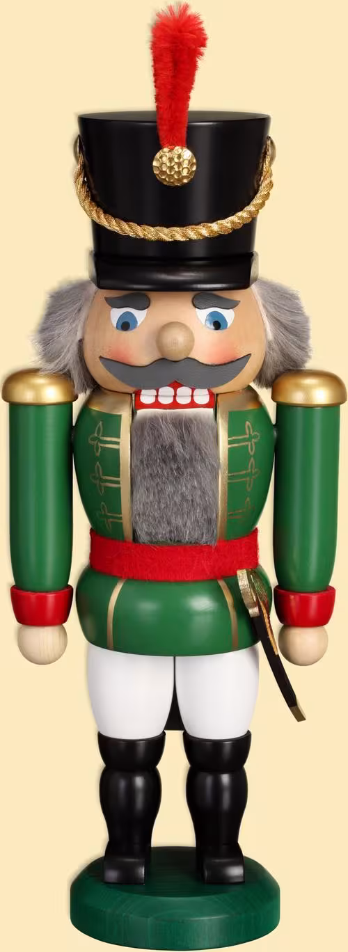Nussknacker Husar mit Säbel in grüner Uniform, detailreich bemalt aus Holz von Seiffener Volkskunst