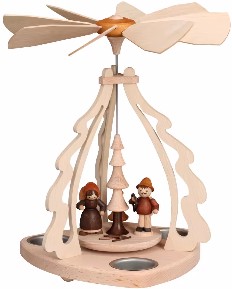 Tischpyramide Waldfiguren mit Teelichter naturbelassen aus Holz von Zeidler Holzkunst, 27 cm, mit