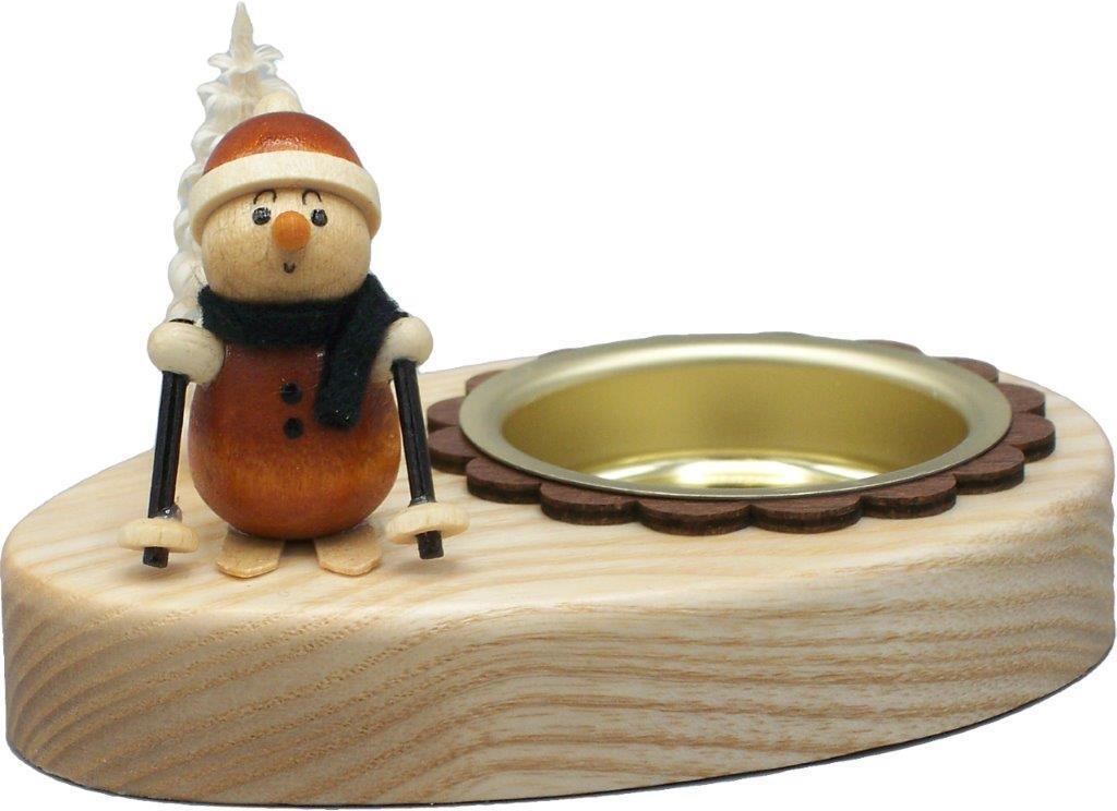 Teelichthalter &ndash; Skifahrer aus Naturholz mit Messingeinsatz &ndash; BxHxT ca. 4x5x4 cm