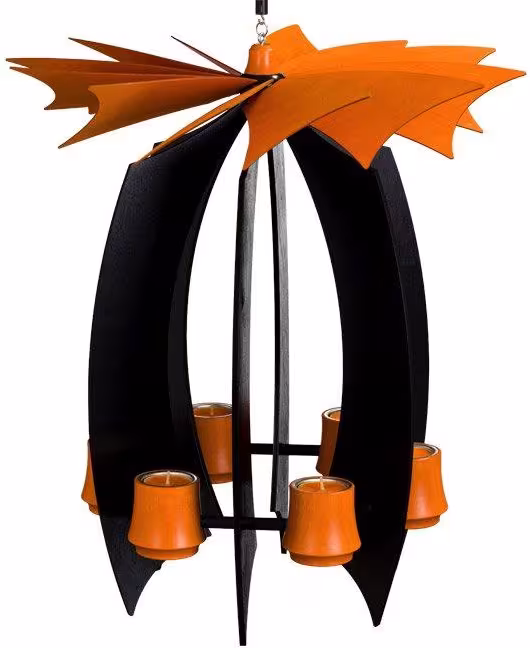 Hängepyramide – elegant anthrazit mit lebhaften orangen Flügeln, schwebendes Design, für 6 Teelichter – BxHxT = 41 x 48 x 41 cm - Erzgebirgische ...