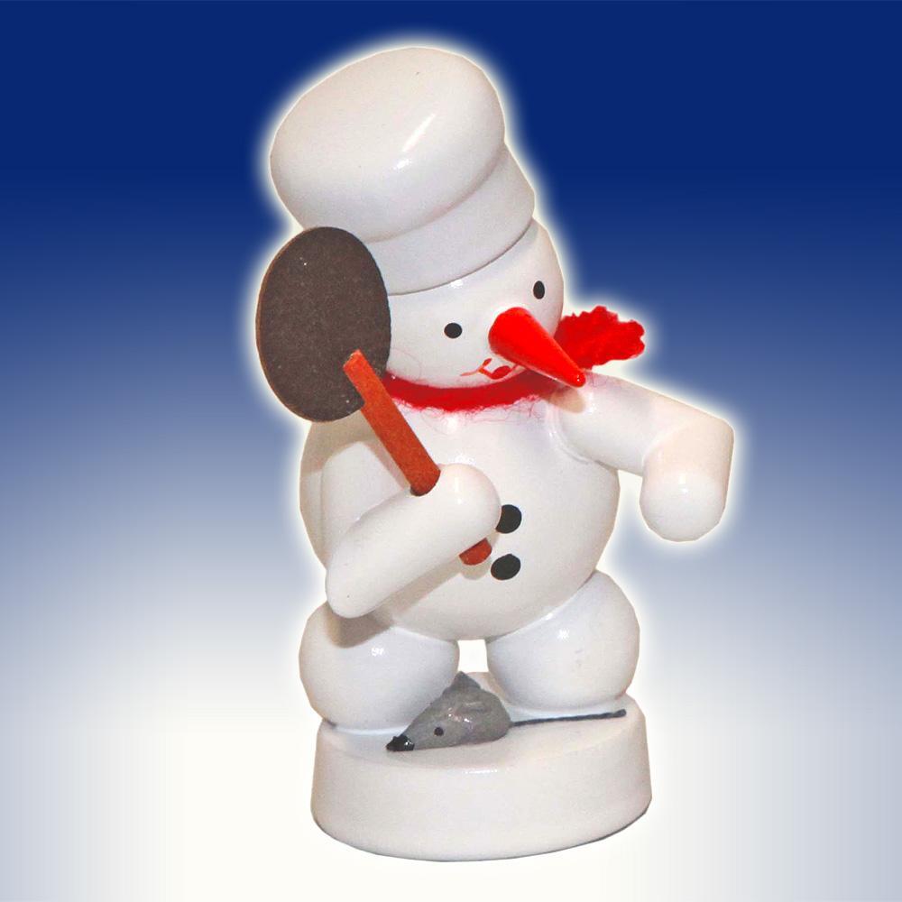 Miniaturfigur liebevoller Bäcker-Schneemann mit Maus und Pfanne aus dem Erzgebirge von Fa. Volker