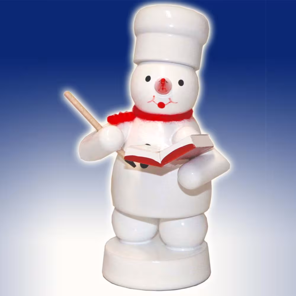 Miniaturfigur Bäcker Schneemann mit Rezeptbuch und Kochlöffel, handbemalt aus dem Erzgebirge von