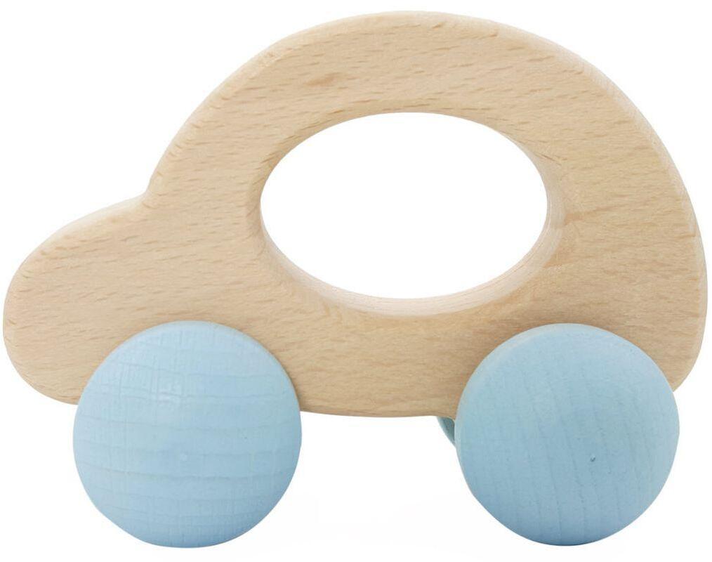 Holzspielzeug Auto mit Rädern in Naturholz und hellblauen Rädern von Hess Holz Spielzeug, 9 cm
