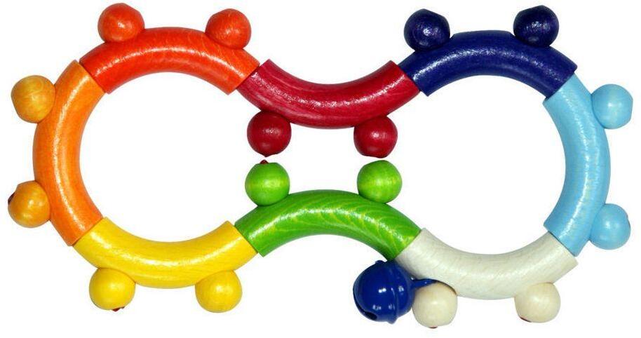 Babyspielzeug &ndash; farbenfrohe Rassel in „8“-Form mit Gl&ouml;ckchen und Kugeln &ndash; BxHxT  8 x 16,5 x 1,8 cm