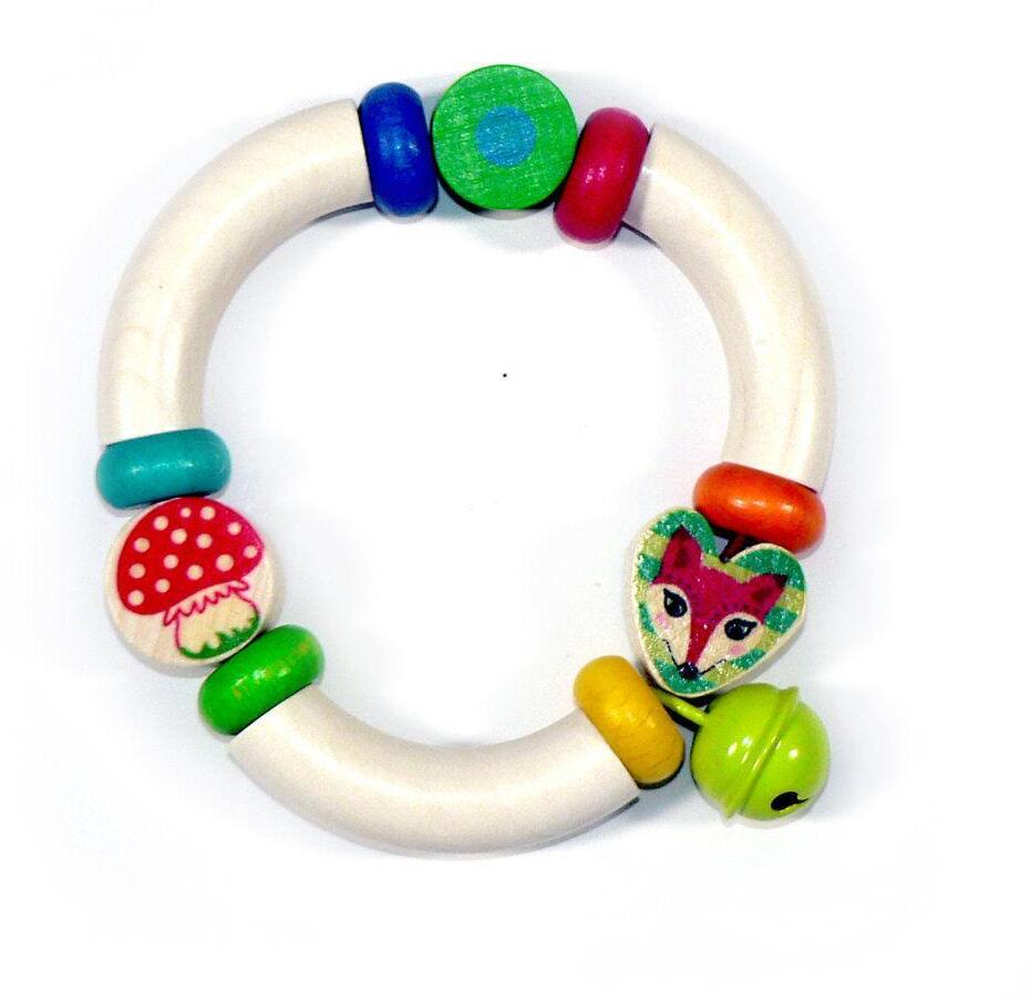 Babyspielzeug &ndash; liebevolle Holzrassel mit Fuchs und Pilz &ndash; BxHxT 10 x 10 x 1.8 cm