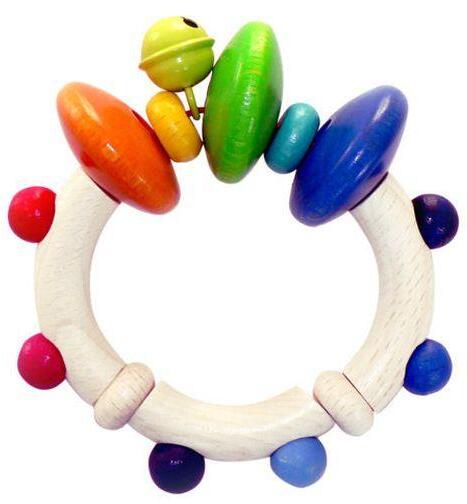 Holzrassel – farbenfrohes Design mit bunten Scheiben und kleinen Glöckchen – BxHxT 9.5 x 11 x 3.5 cm