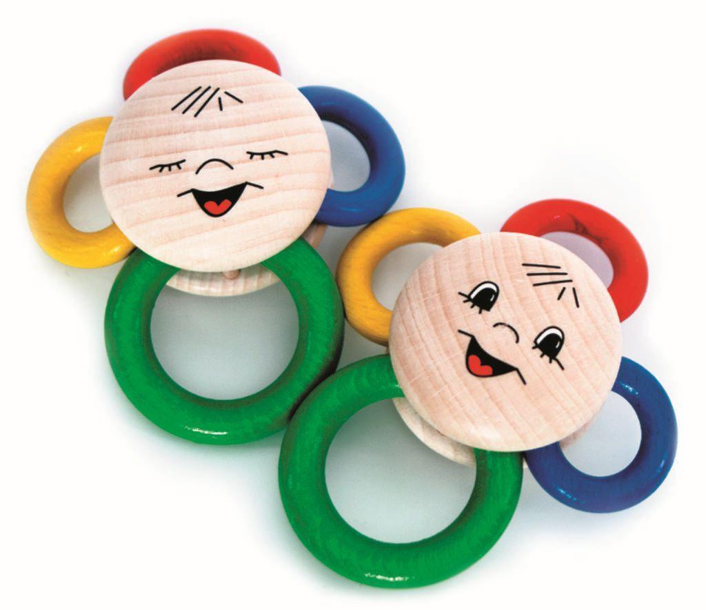 Babyspielzeug &ndash; farbenfrohe Rassel mit lustigen Gesichtern und Ringen &ndash; BxHxT 10 x 12 x 4.5 cm