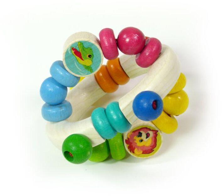 Babyspielzeug – spielerische Rassel mit Perlen und farbigen Tiermotiven – BxHxT 8 x 8 x 6 cm