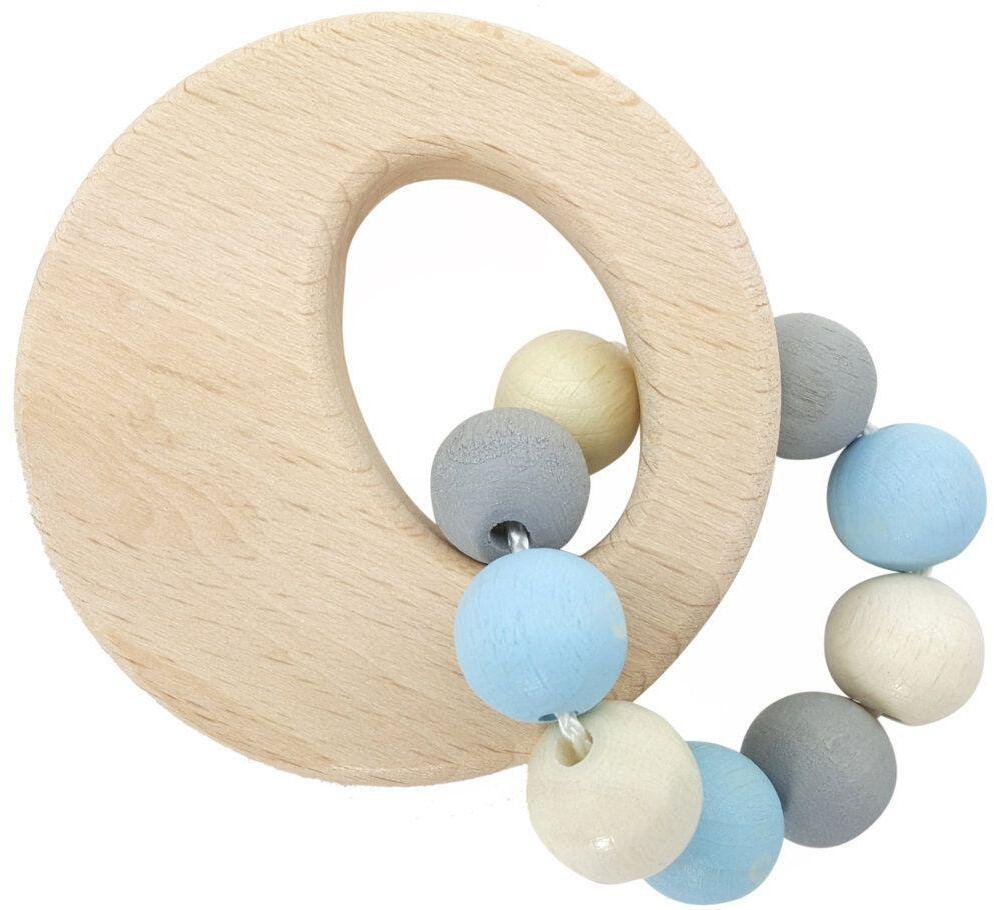 Babyspielzeug &ndash; farbenfrohe Greifrassel mit naturfarbenen und blauen Kugeln &ndash; BxHxT 7 x 10 x 5 cm