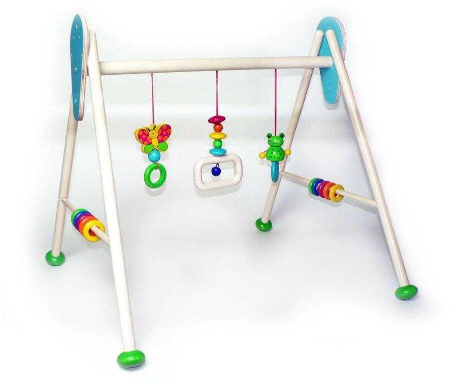 Babyspielger&auml;t &ndash; Holztrapez mit Frosch "Toni" mit bunten Holzringen und Perlen &ndash; BxHxT 62 x 54,5 x 57 cm