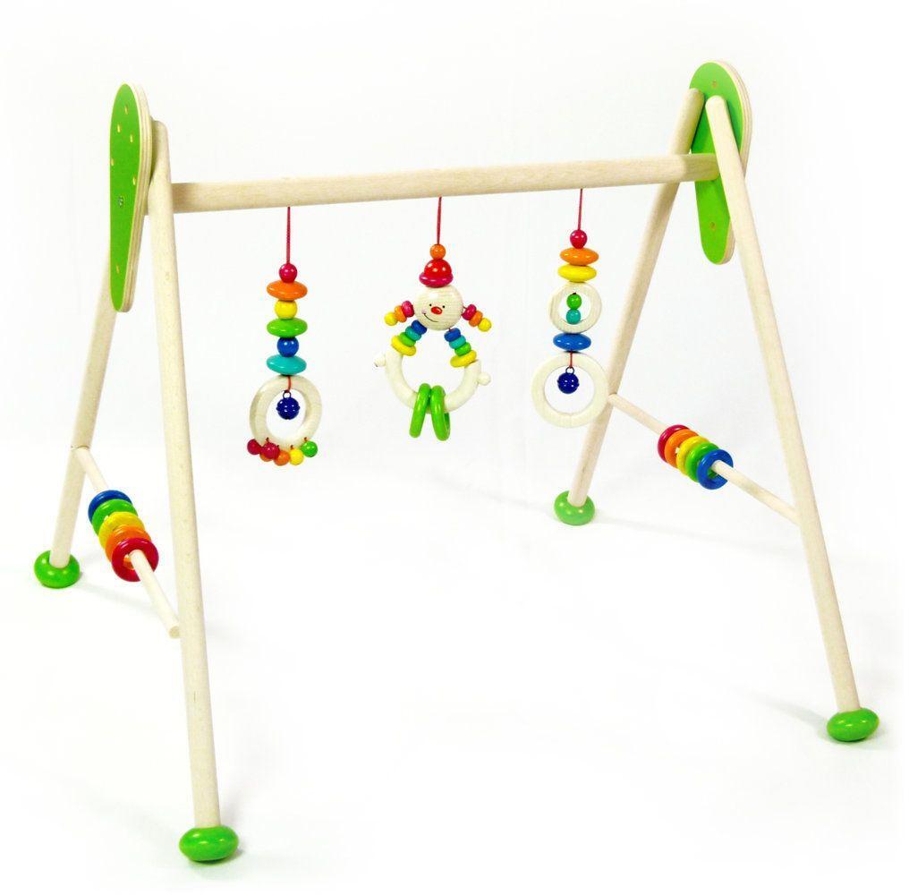 Babyspielger&auml;t &ndash; farbenfrohes Holztrapez mit Perlen, Ringen und Glocken, liebevoll gestaltet &ndash; BxHxT 62 x 54,5 x 57 cm