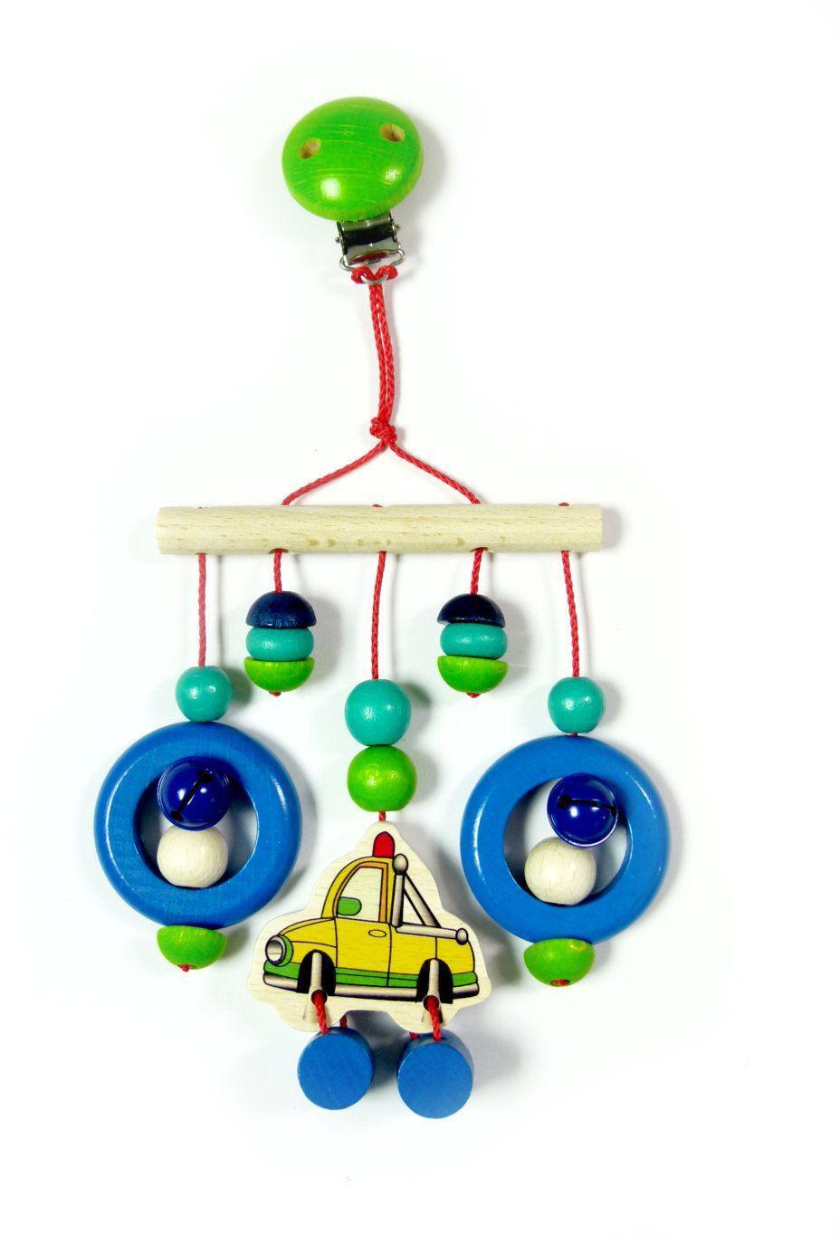 Babyspielzeug &ndash; buntes Minitrapez mit Perlen, Ringen und Holzauto, farbenfroh und handgefertigt &ndash; BxHxT = 13 x 26 x 4,5 cm
