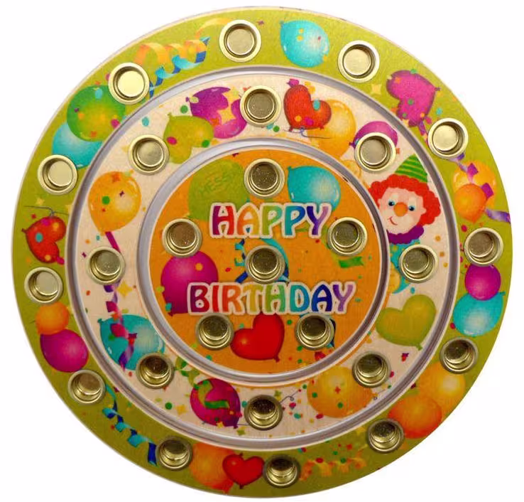Geburtstagsringe – farbenfroh und liebevoll bemalt mit fröhlichen Motiven mit 26 Metalltüllen – BxHxT 21,5 x 1 x 21,5 cm - Geburtstagsring aus ...
