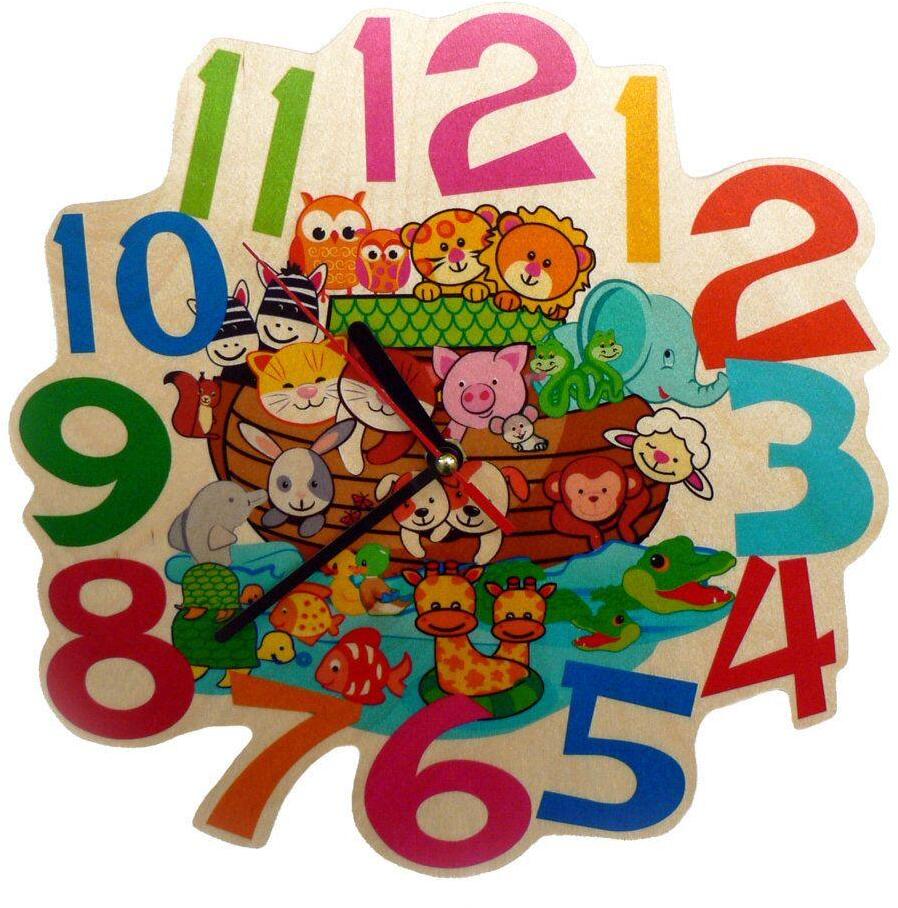 Wanduhr Arche Noah aus Holz mit bunten Tiermotiven und großen Zahlen von Hess Holz Spielzeug, 24,5