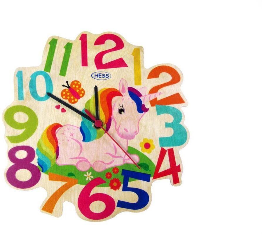 Wanduhr mit farbenfrohem Einhorn-Motiv und großen bunten Zahlen aus Holz von Hess Holz Spielzeug,