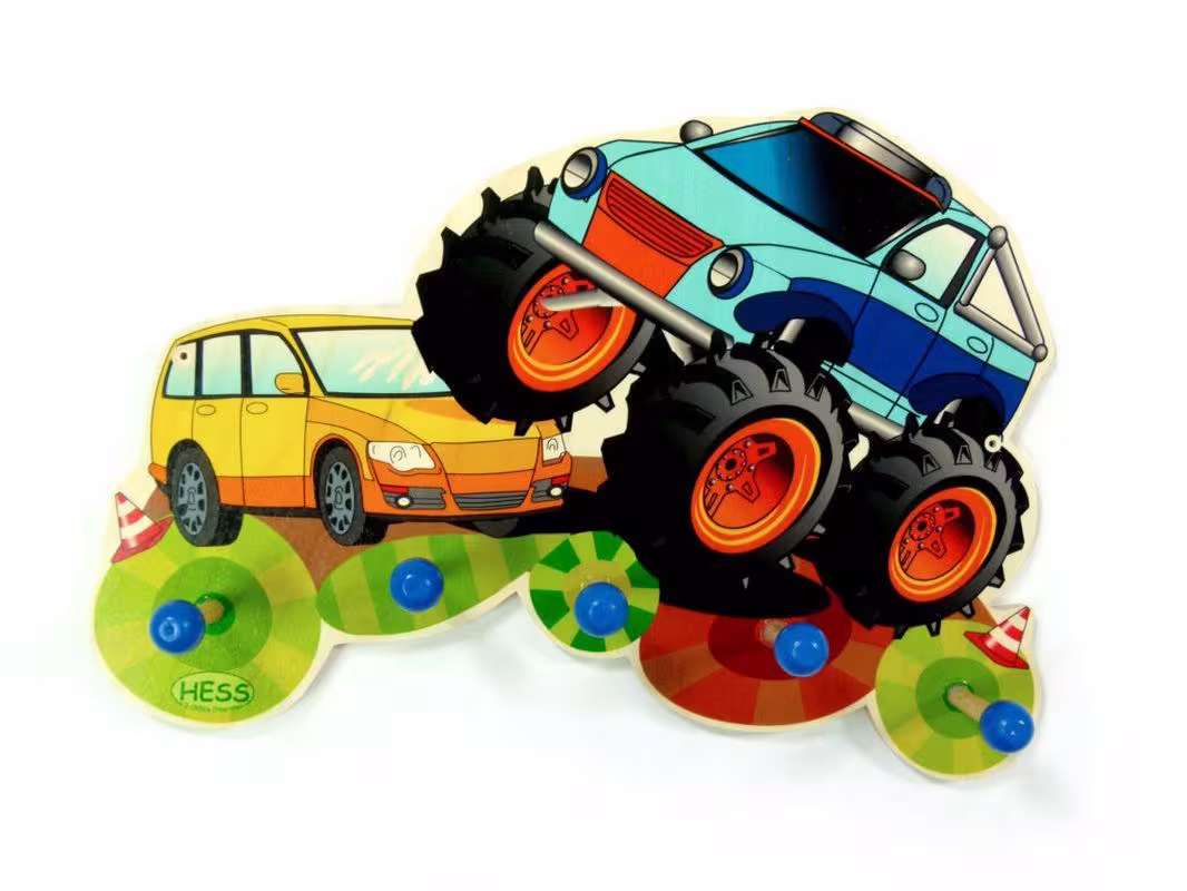 Garderobe mit buntem Monstertruck und Auto-Motiven aus Holz mit fünf Haken von Hess Holz Spielzeug,