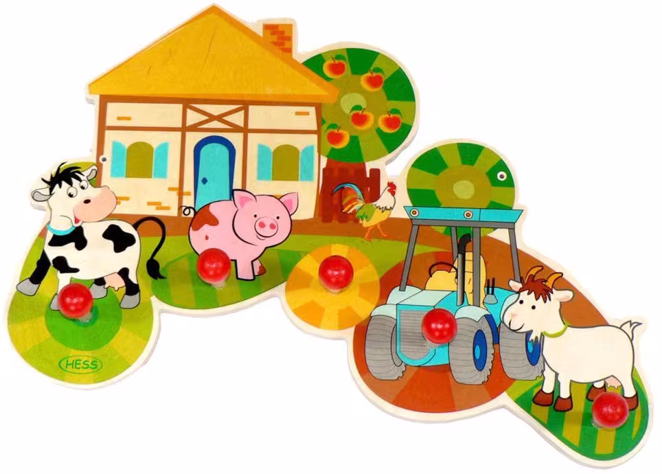 Garderobe mit Bauernhofszene und 5 Haken aus Holz von Hess Holz Spielzeug mit Kuh, Schwein, Traktor