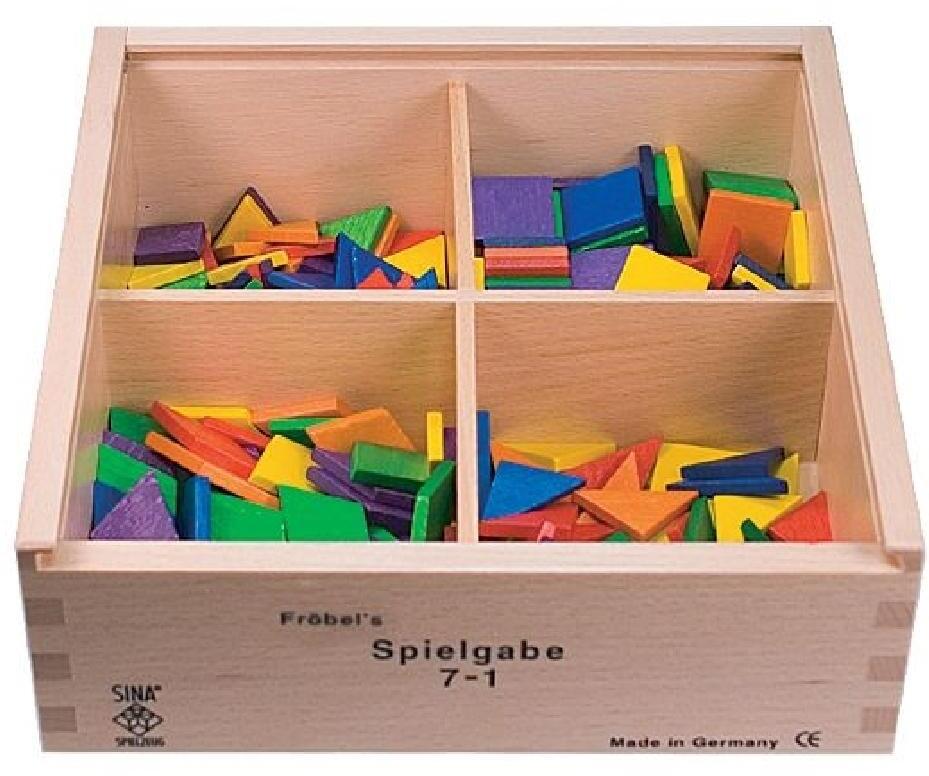 Holzspielzeug Fröbel Gabe 7-1 Quadrate & Dreiecke von SINA Spielzeug GmbH in Holzbox mit farbigen