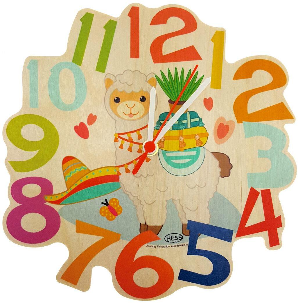 Wanduhr mit farbenfrohem Lama-Motiv und großen Zahlen aus Holz von Hess Holz Spielzeug, 24,5 cm,