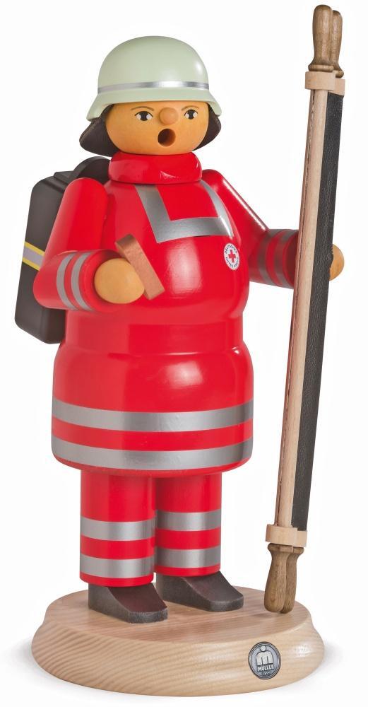R&auml;uchermann &ndash; Notfallsanit&auml;ter in roter Uniform mit Rucksack und Trage &ndash; BxH 13 x 24 cm