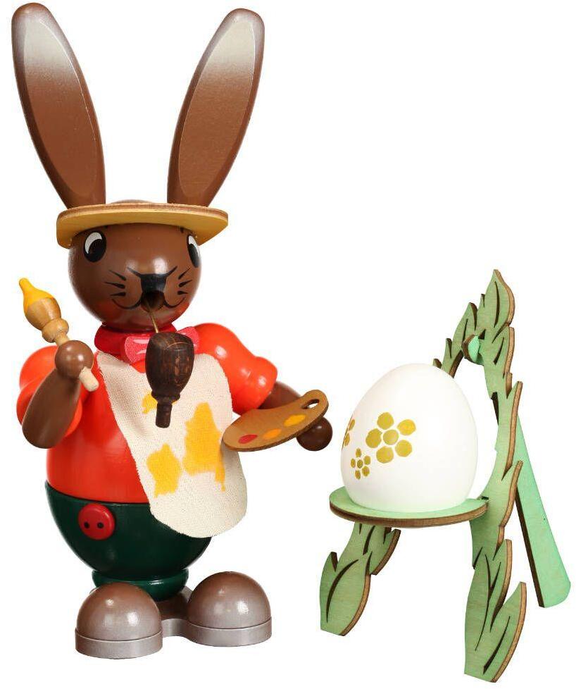Räucherfigur Osterhase mit Staffelei farbig aus Holz, malender Hase mit Palette und Osterei von