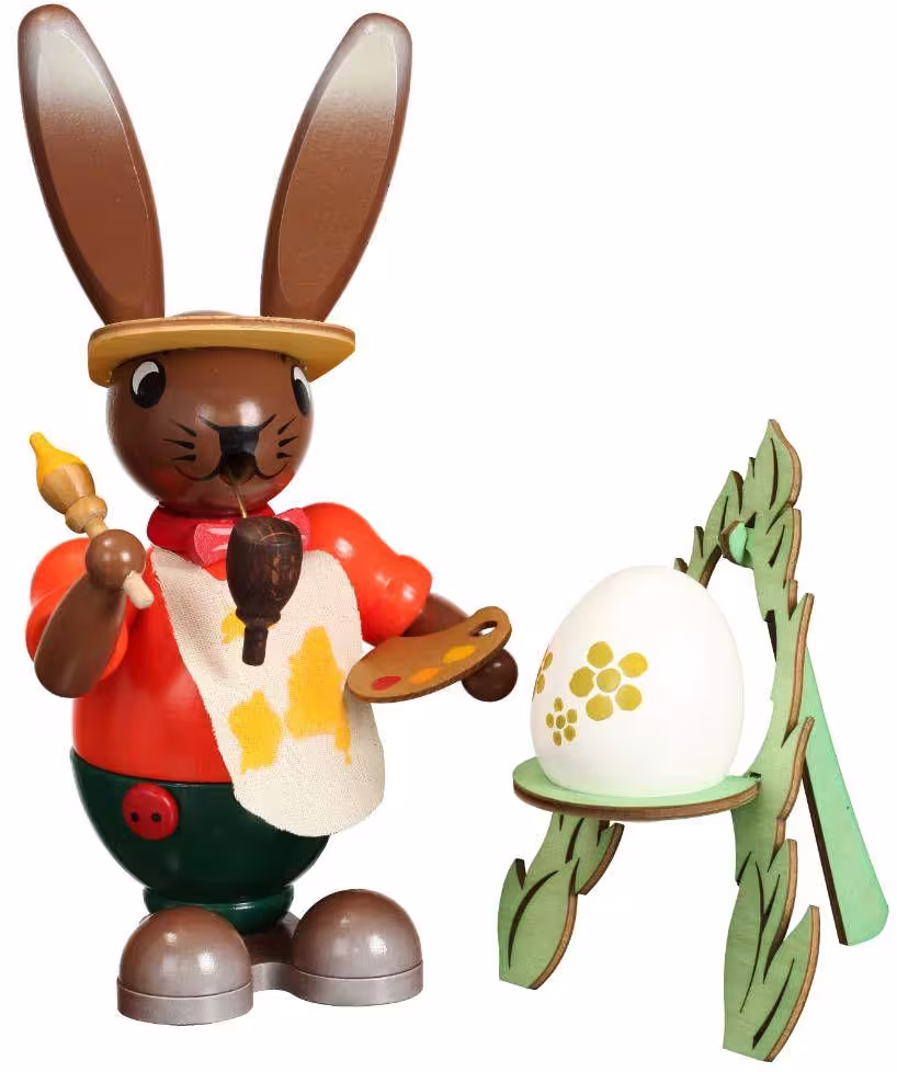 Räucherfigur Osterhase mit Staffelei farbig aus Holz, malender Hase mit Palette und Osterei von