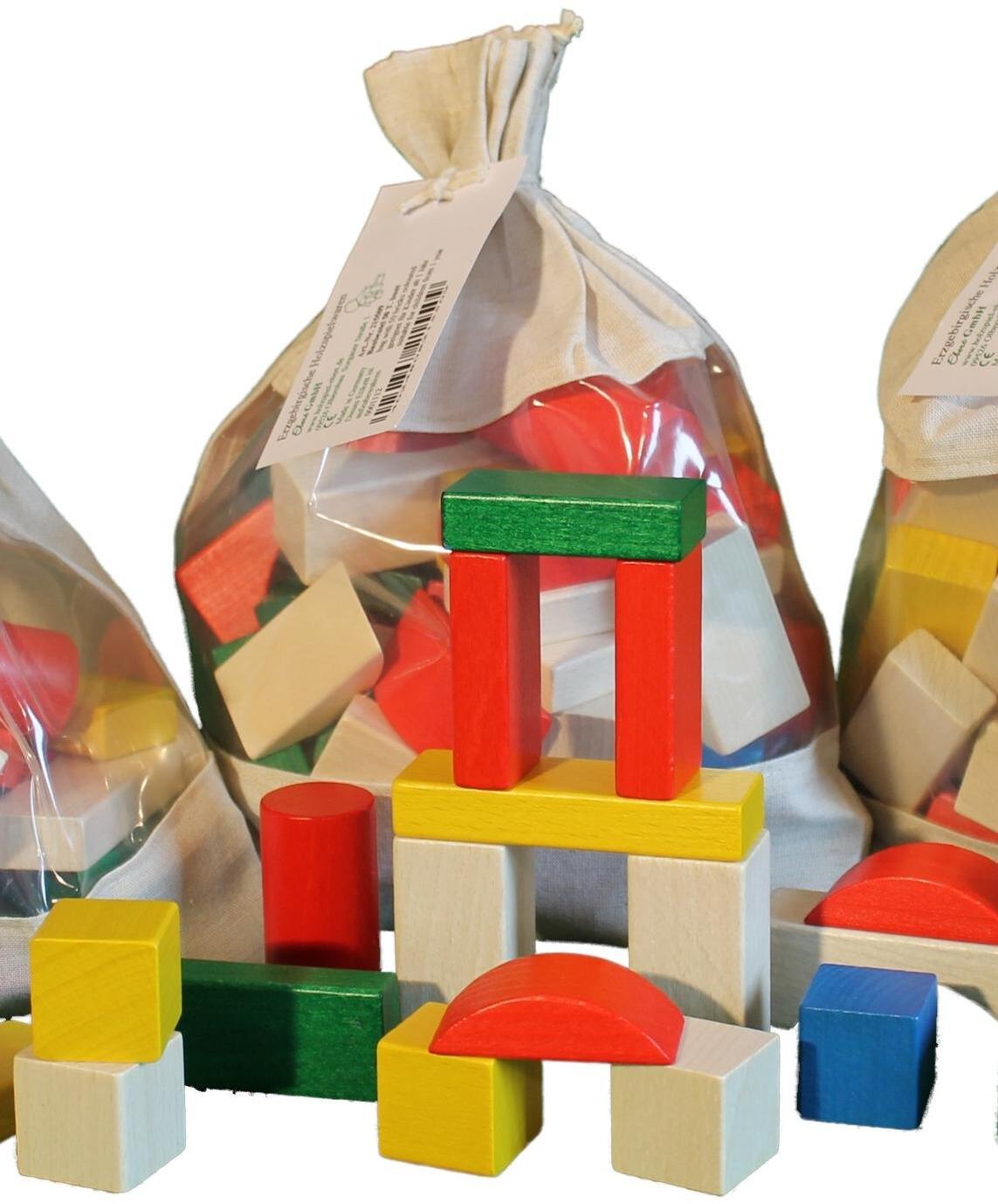 Holzspielzeug - bunter Baubeutel mit Holzbausteinen - 30 tlg