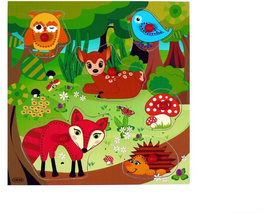 Holzpuzzle Waldtiere aus Holz mit Fuchs, Reh, Igel, Eule und Pilzen, liebevoll bunt gestaltet von