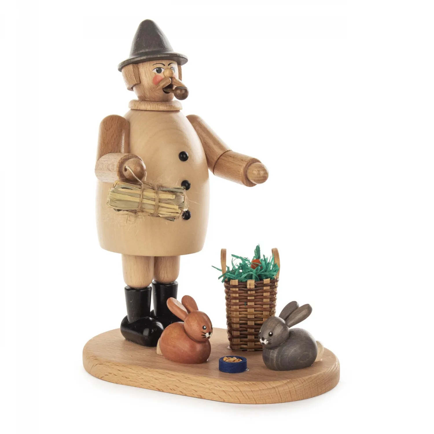Räuchermann Kaninchenzüchter aus Holz mit Hasen und Korb von Großhandel Dregeno, 21 cm große Figur