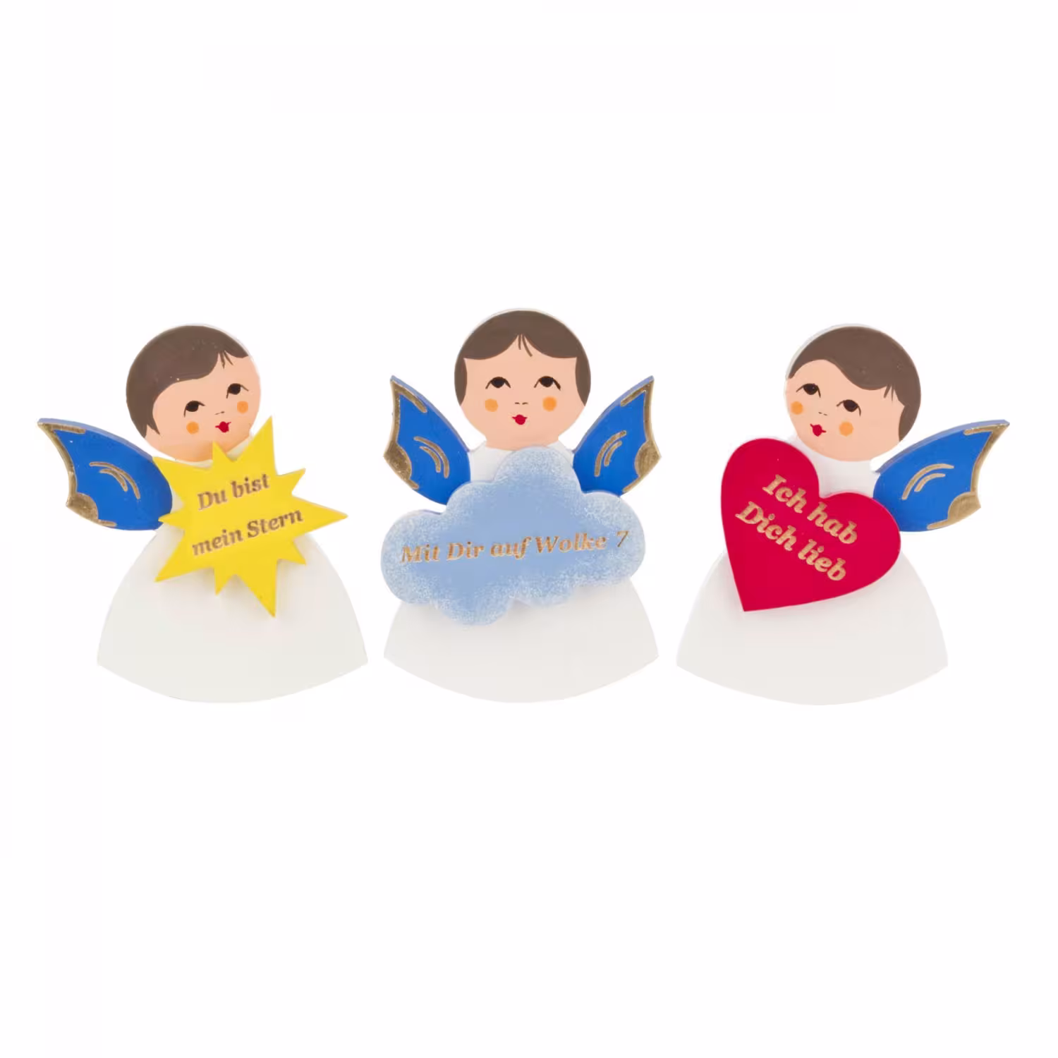 Engel Magnetpin (3) blaue Flügel mit Sprüche auf Herz, Stern und Wolke von Großhandel Dregeno, 6 cm