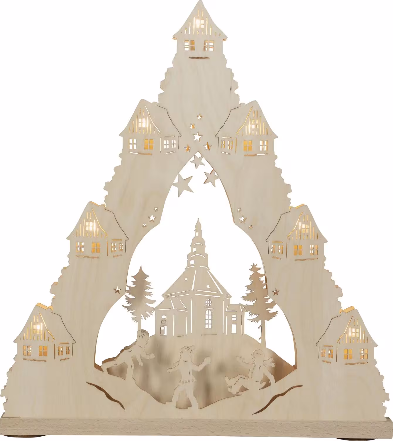 Lichterspitze Seiffener Kirche aus Holz mit beleuchteten Häusern und Winterdorf von Weigla Gläser