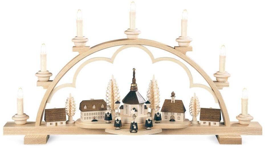 Schwibbogen winterliches Seiffener Dorf mit Figuren und sanfter Beleuchtung, naturfarbener Holzbogen