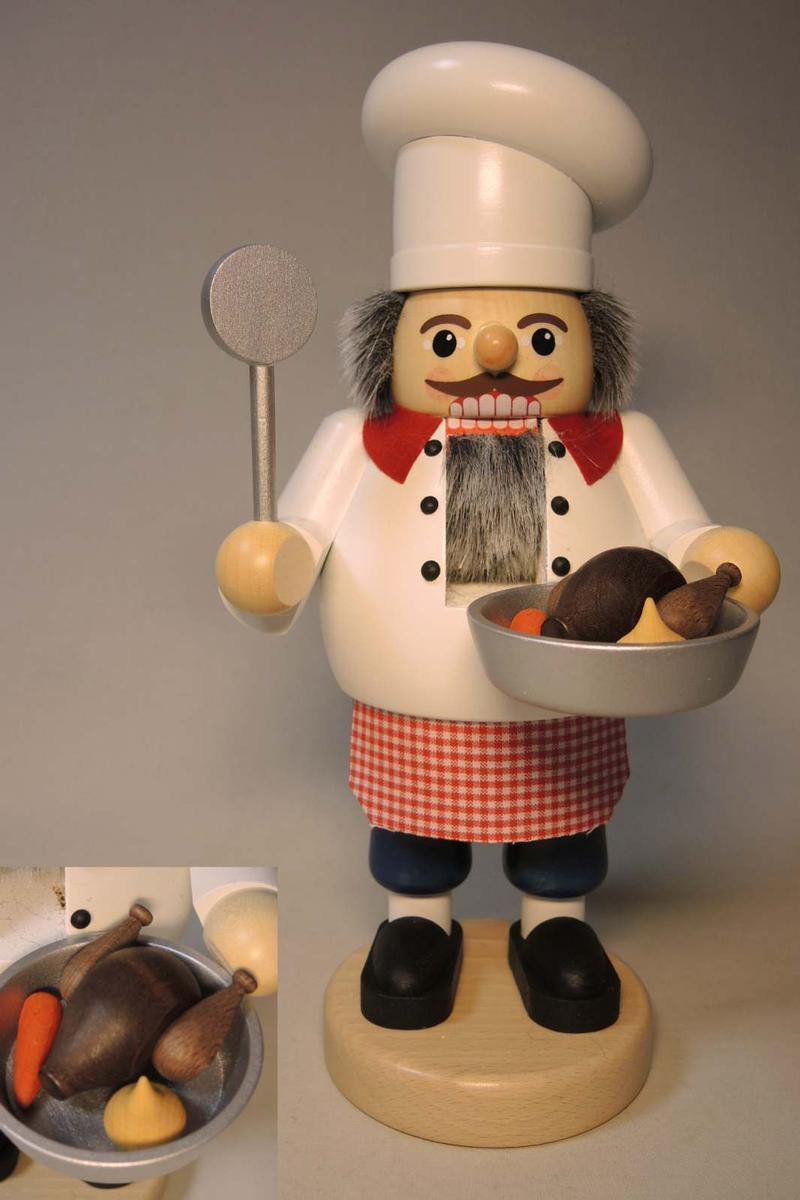 Nussknacker &ndash; detailreicher Koch mit Sch&uuml;rze, Pfanne und Kochl&ouml;ffel, harmonisch wei&szlig;-rot-schwarz &ndash; H = 30 cm