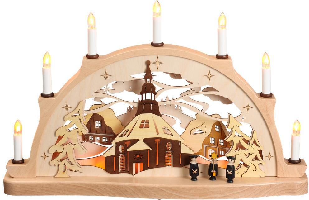 Schwibbogen - Seiffner Kirche mit Kurrendefiguren und elektrischer Beleuchtung naturbelassen - HxLxB 33x52x8,5cm