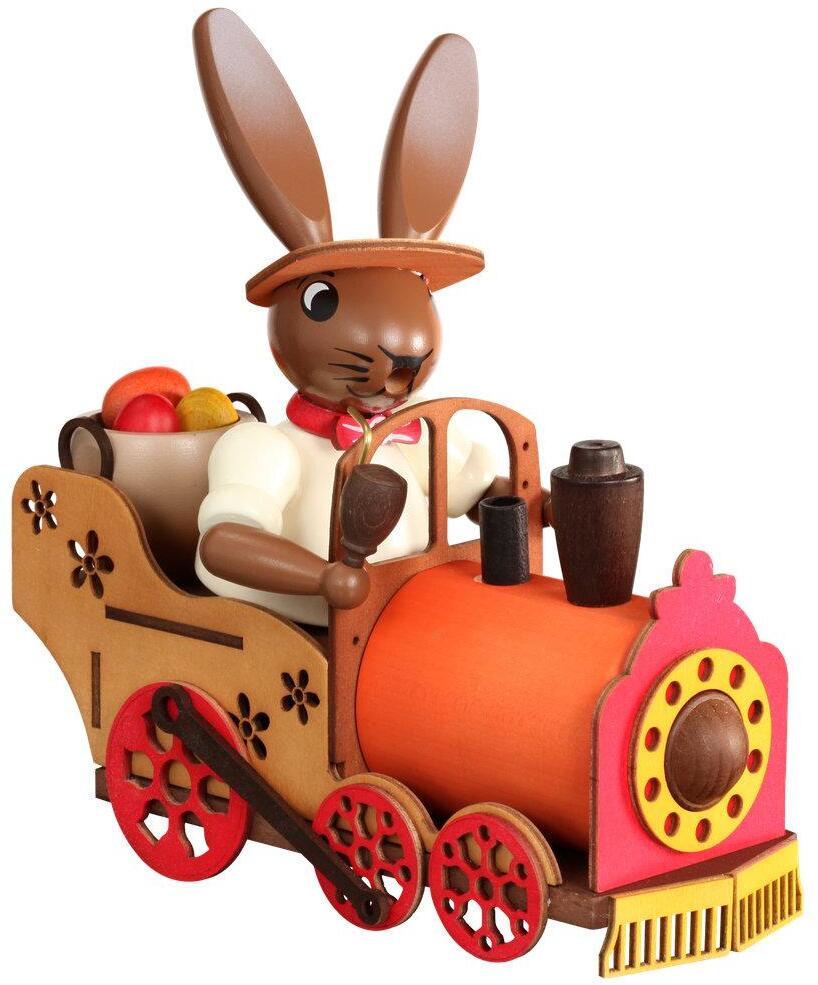 R&auml;ucherfigur - Osterhase auf Lokomotive farbig - HxLxB 21x22x11cm