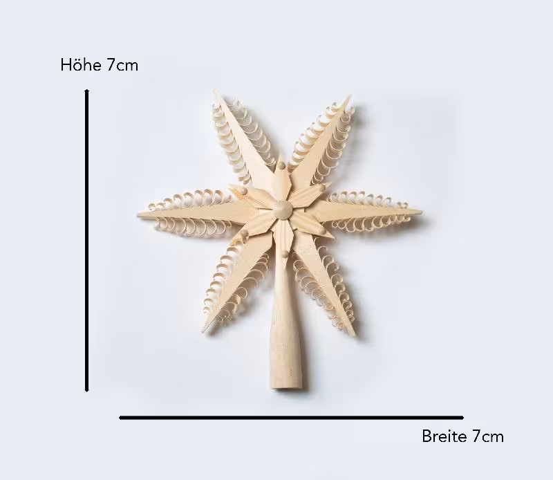 Christbaumschmuck filigrane handgefertigte Baumspitze mit Spanbäumen und Kiefernstern aus Holz von