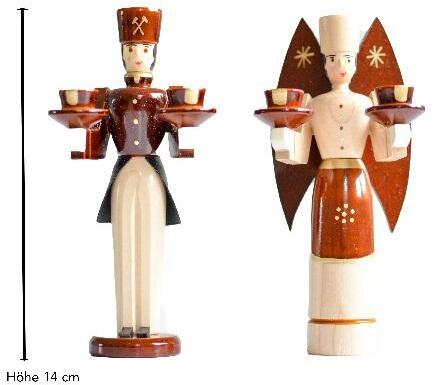 Weihnachtsfiguren – Engel und Bergmann naturbelassen mit klassischen Verzierungen – BxHxT 6,5 x 14 x