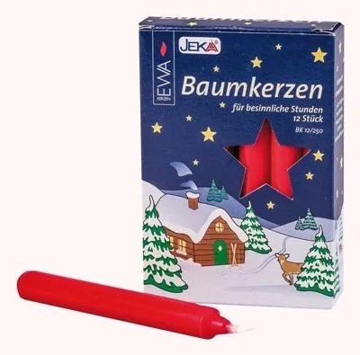 Baumkerzen in Rot handgefertigt 12er Pack 12,5 cm von Saico GmbH mit Verpackung und winterlichem